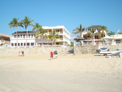 View of Verdugo's Hotel from the beach,  on Right and Center